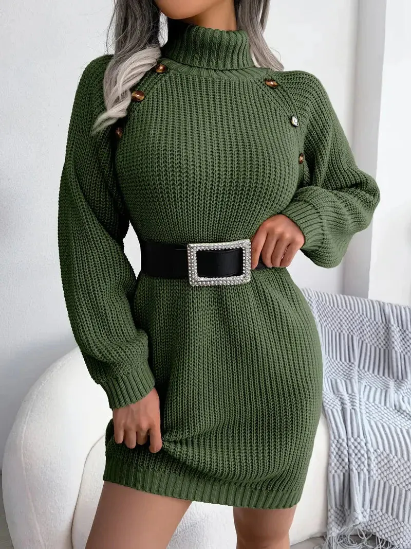 JazzHer Turtleneck Bodycon Button Slim Sweater Dress