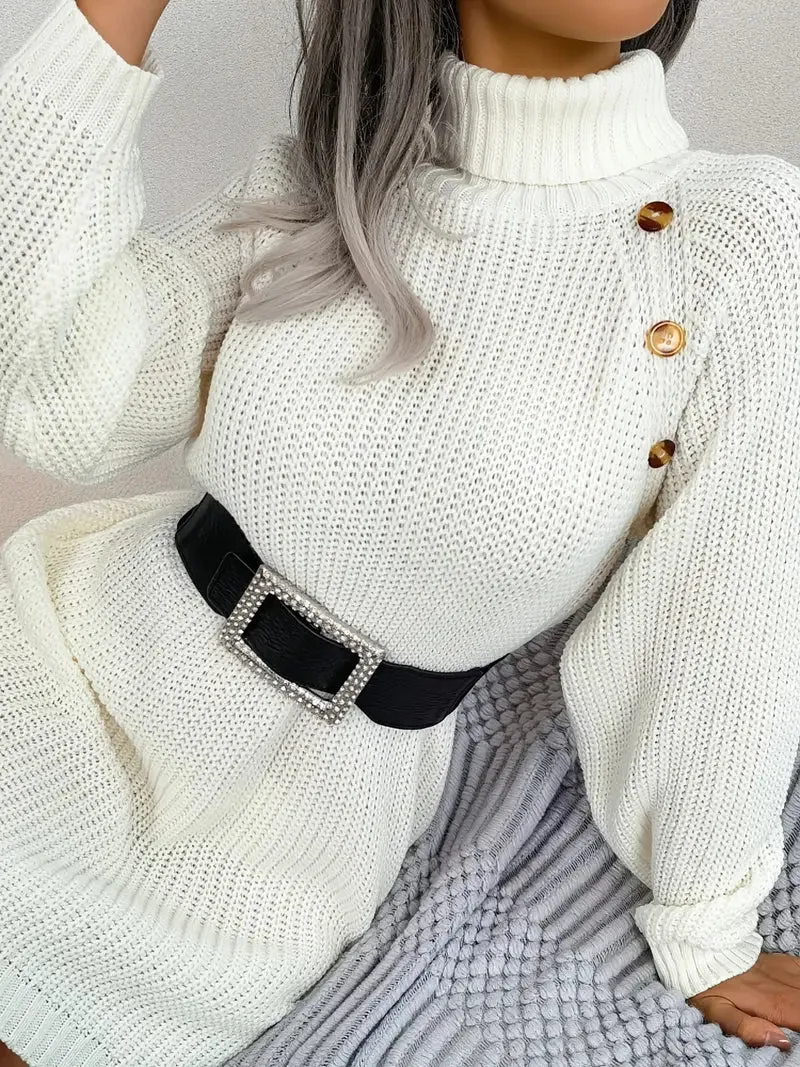 JazzHer Turtleneck Bodycon Button Slim Sweater Dress