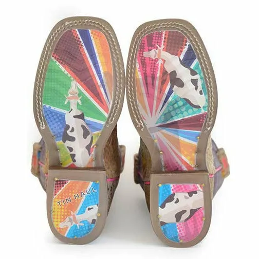 Kid's Tin Haul Spotty Boots Colorful Cattle Sole Handcrafted Brown