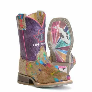 Kid's Tin Haul Spotty Boots Colorful Cattle Sole Handcrafted Brown
