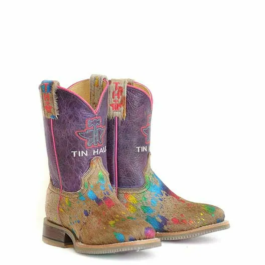 Kid's Tin Haul Spotty Boots Colorful Cattle Sole Handcrafted Brown