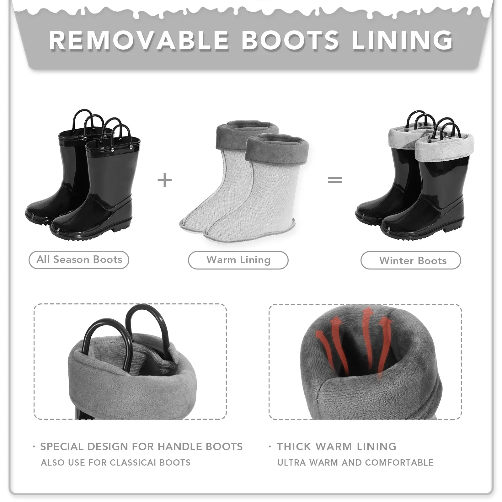Kids Winter Fleeced Black Warm Rain Boots