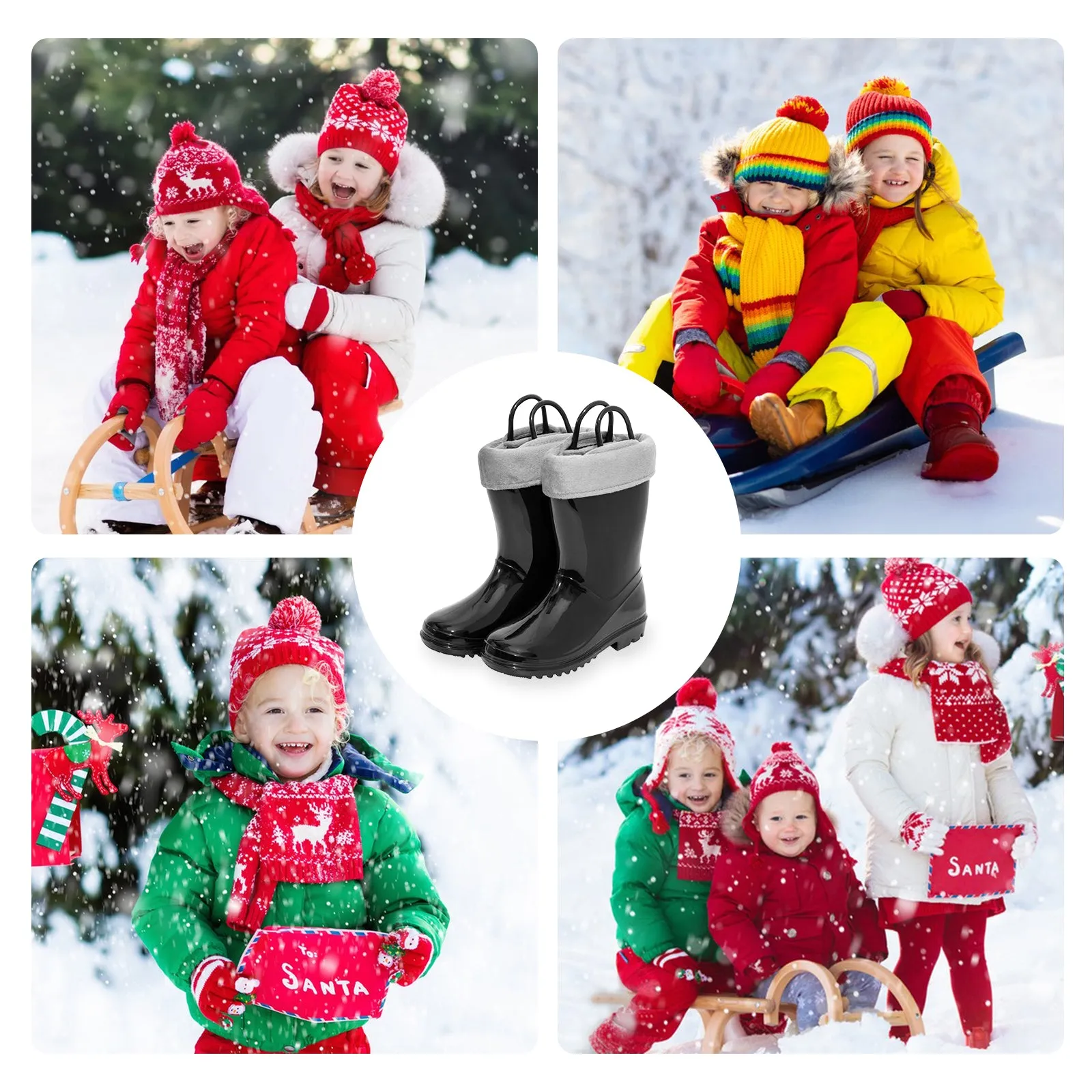 Kids Winter Fleeced Black Warm Rain Boots