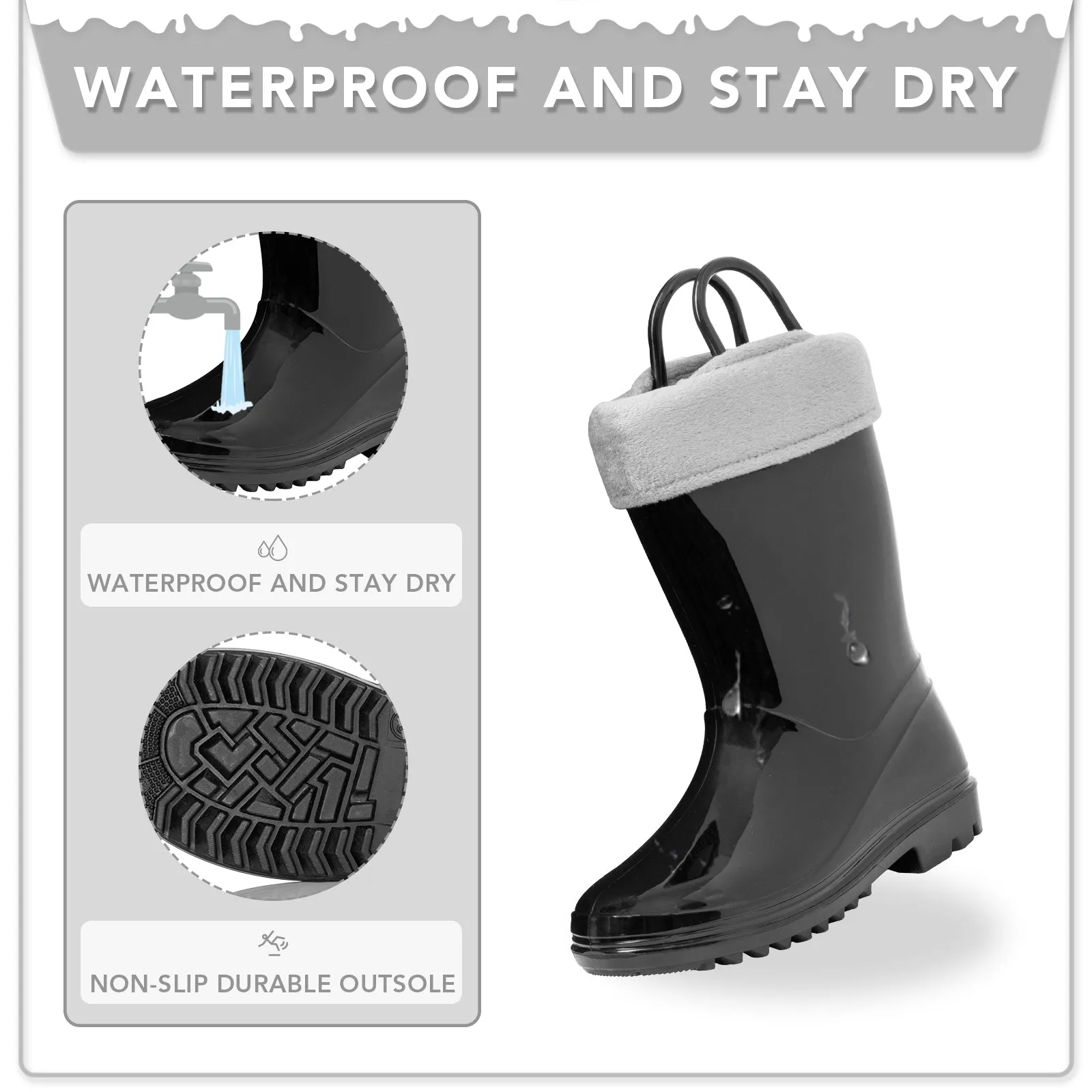 Kids Winter Fleeced Black Warm Rain Boots
