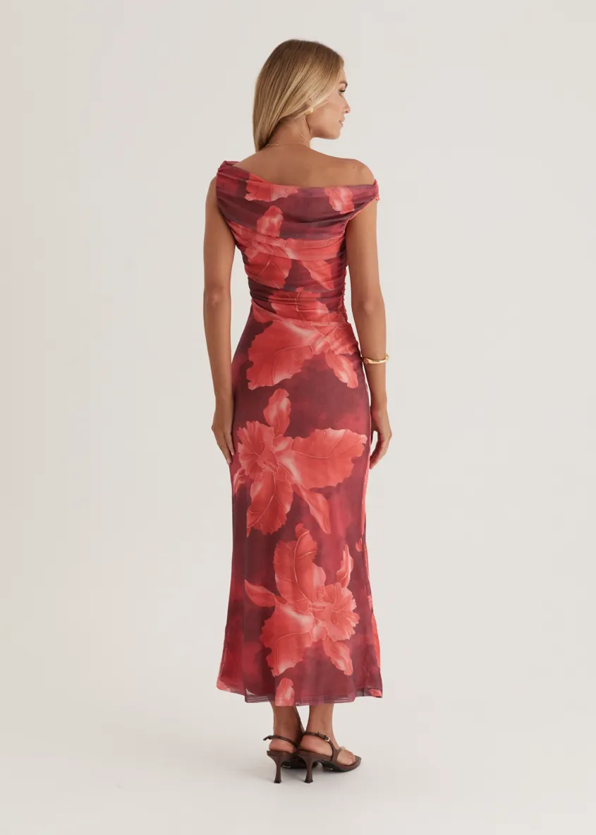 Kimili One Shoulder Mesh Maxi Dress - Red Floral