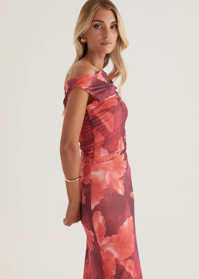 Kimili One Shoulder Mesh Maxi Dress - Red Floral