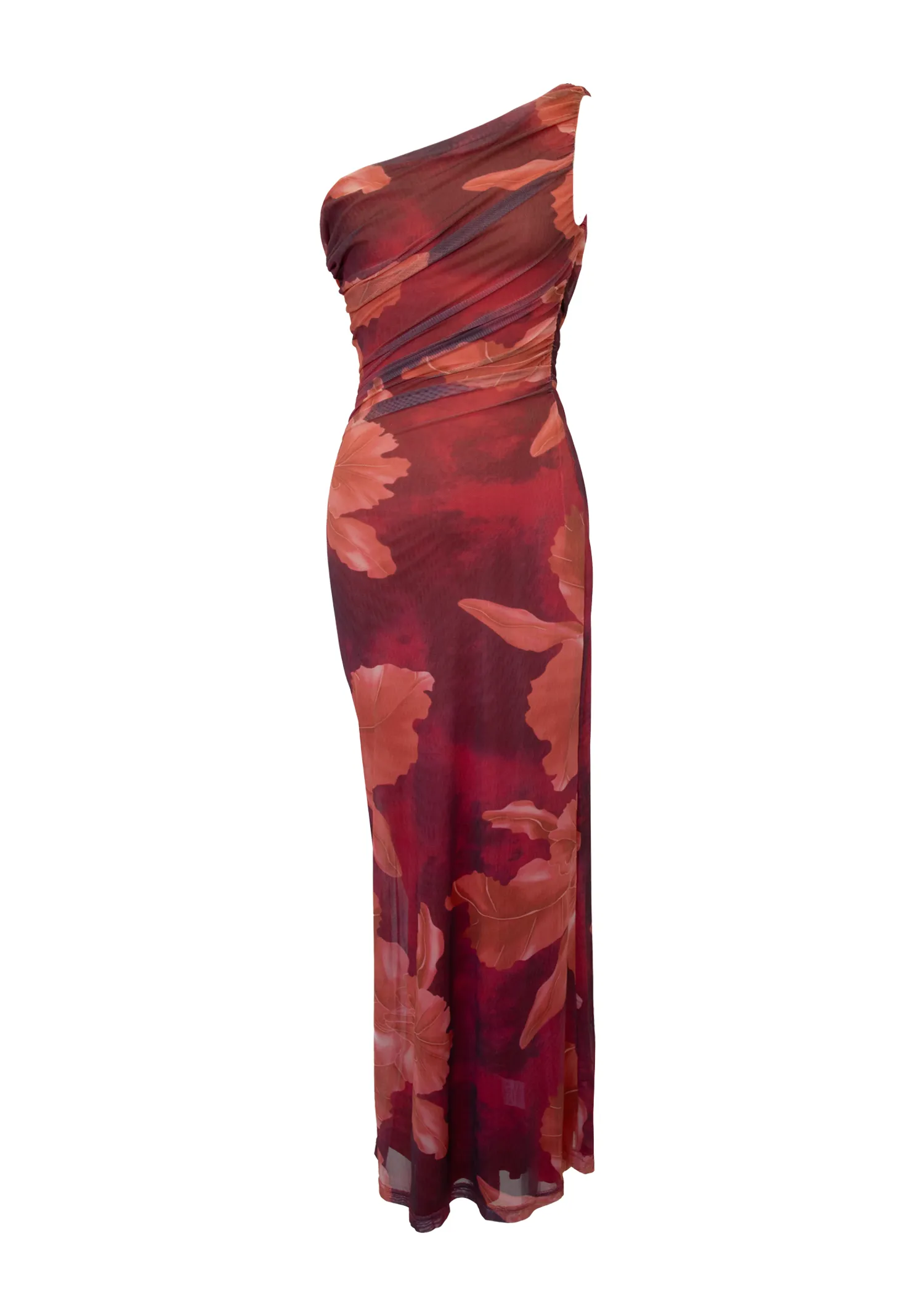 Kimili One Shoulder Mesh Maxi Dress - Red Floral
