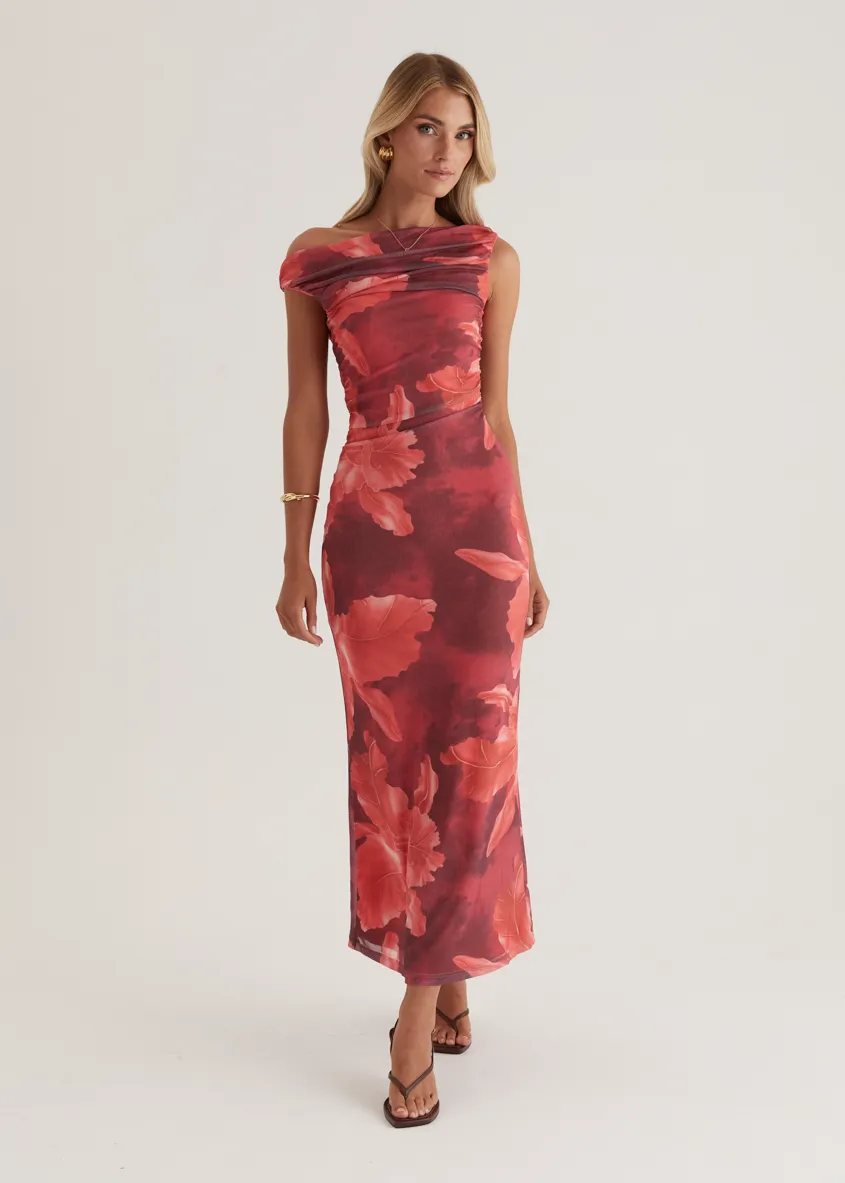 Kimili One Shoulder Mesh Maxi Dress - Red Floral