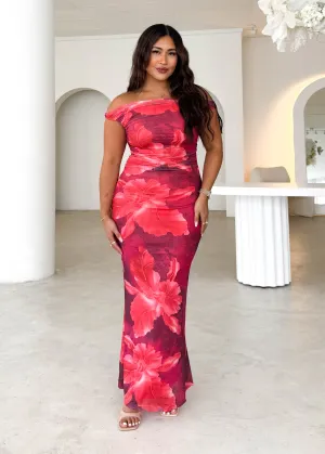 Kimili One Shoulder Mesh Maxi Dress - Red Floral