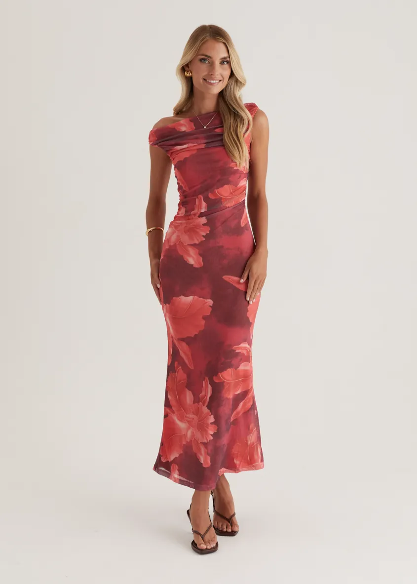 Kimili One Shoulder Mesh Maxi Dress - Red Floral