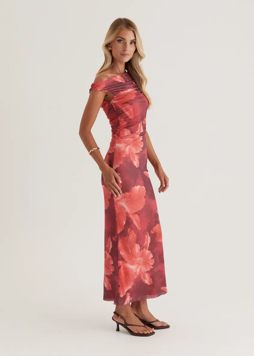 Kimili One Shoulder Mesh Maxi Dress - Red Floral