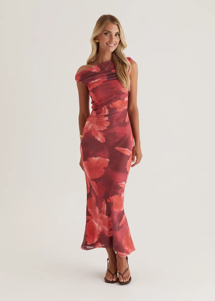 Kimili One Shoulder Mesh Maxi Dress - Red Floral