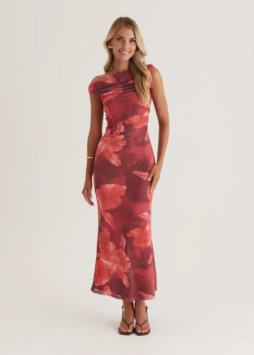 Kimili One Shoulder Mesh Maxi Dress - Red Floral