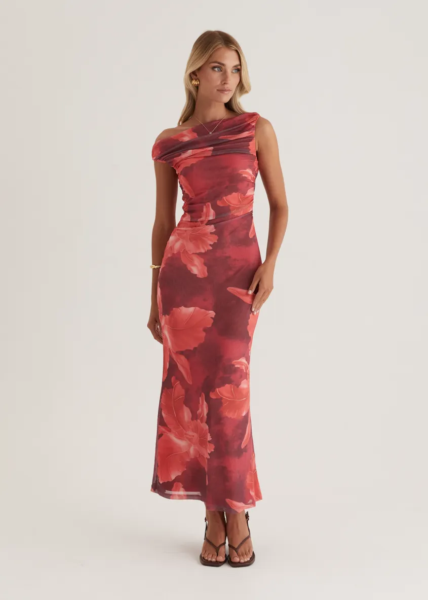 Kimili One Shoulder Mesh Maxi Dress - Red Floral