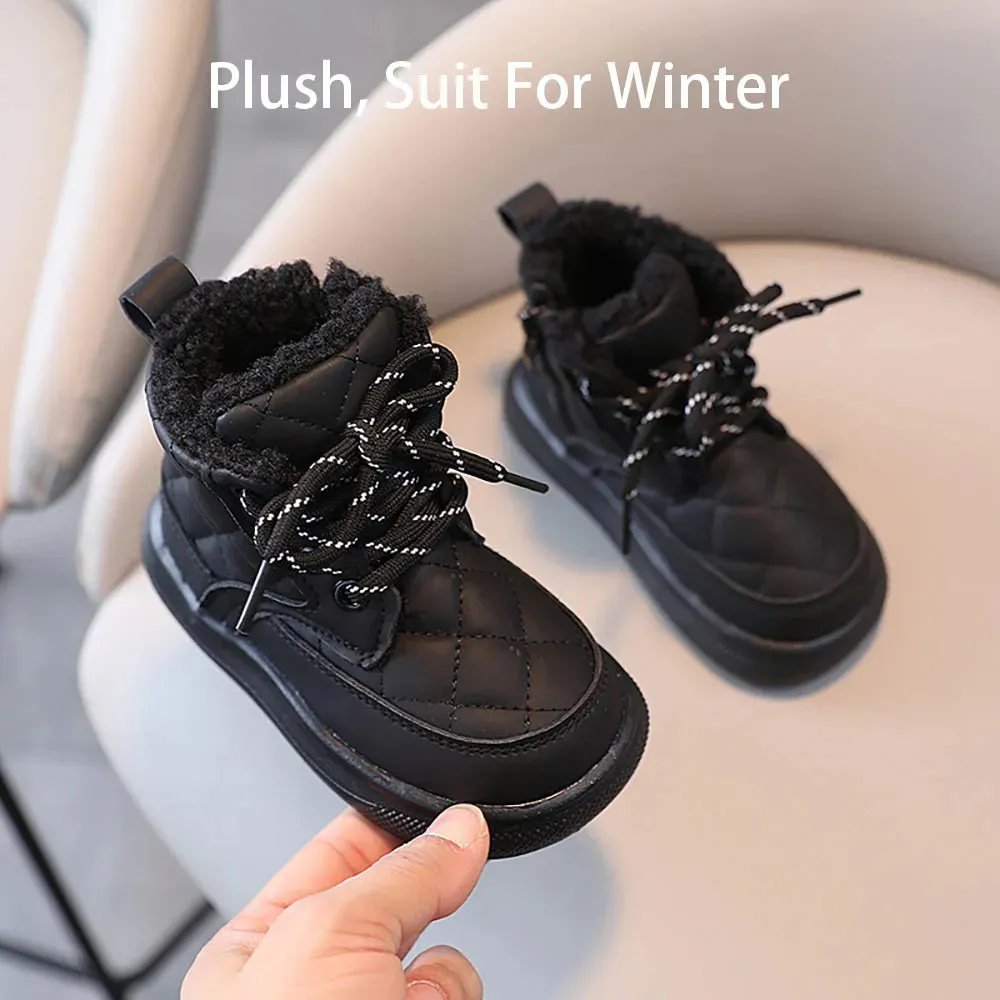 Martin Boots For Girls Plaid PU Leather Snow Boots Thick Warm Plush Casual Shoes For Kids