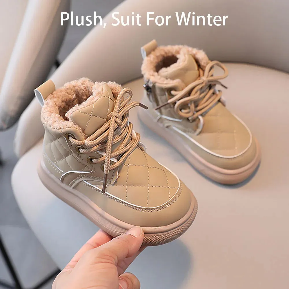 Martin Boots For Girls Plaid PU Leather Snow Boots Thick Warm Plush Casual Shoes For Kids