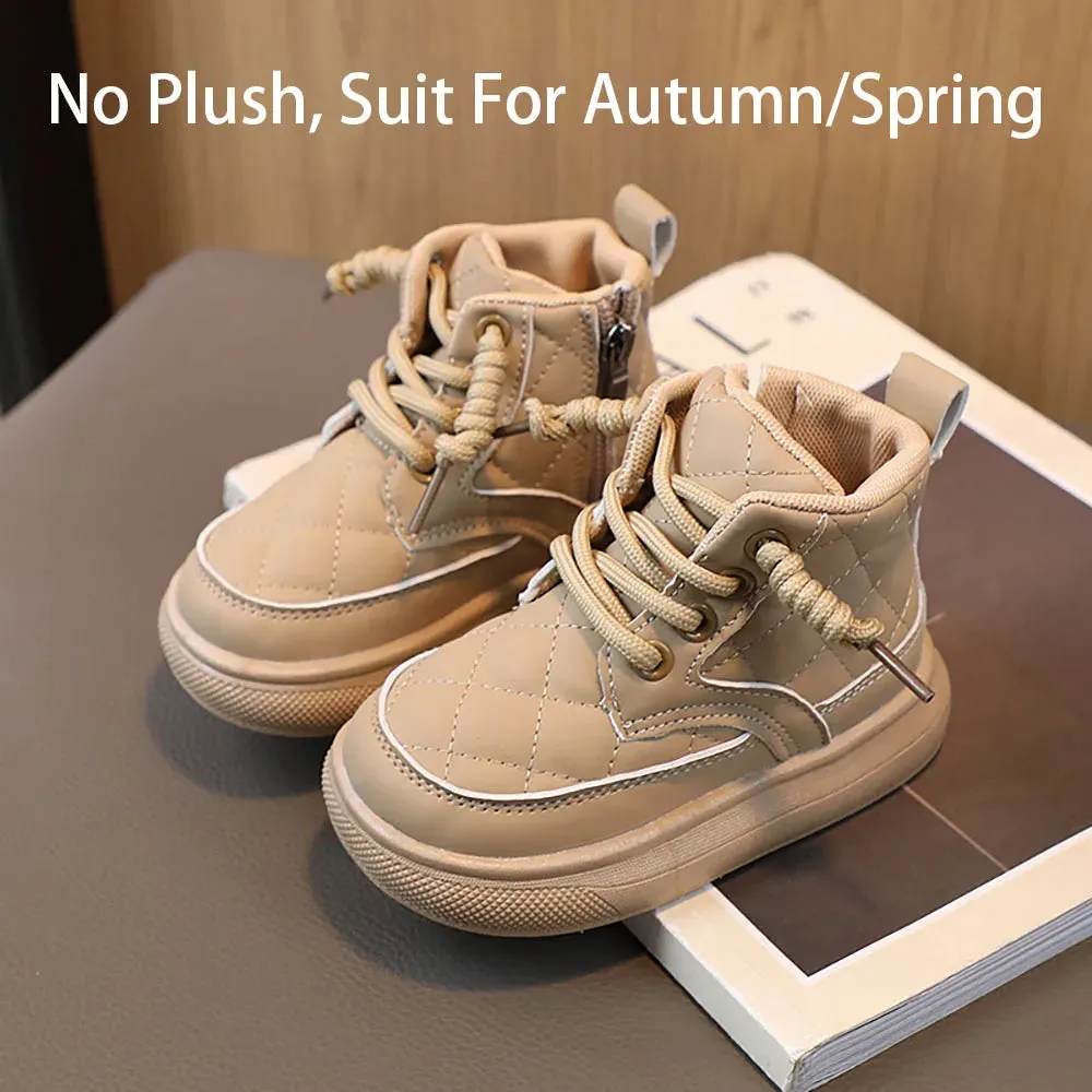 Martin Boots For Girls Plaid PU Leather Snow Boots Thick Warm Plush Casual Shoes For Kids