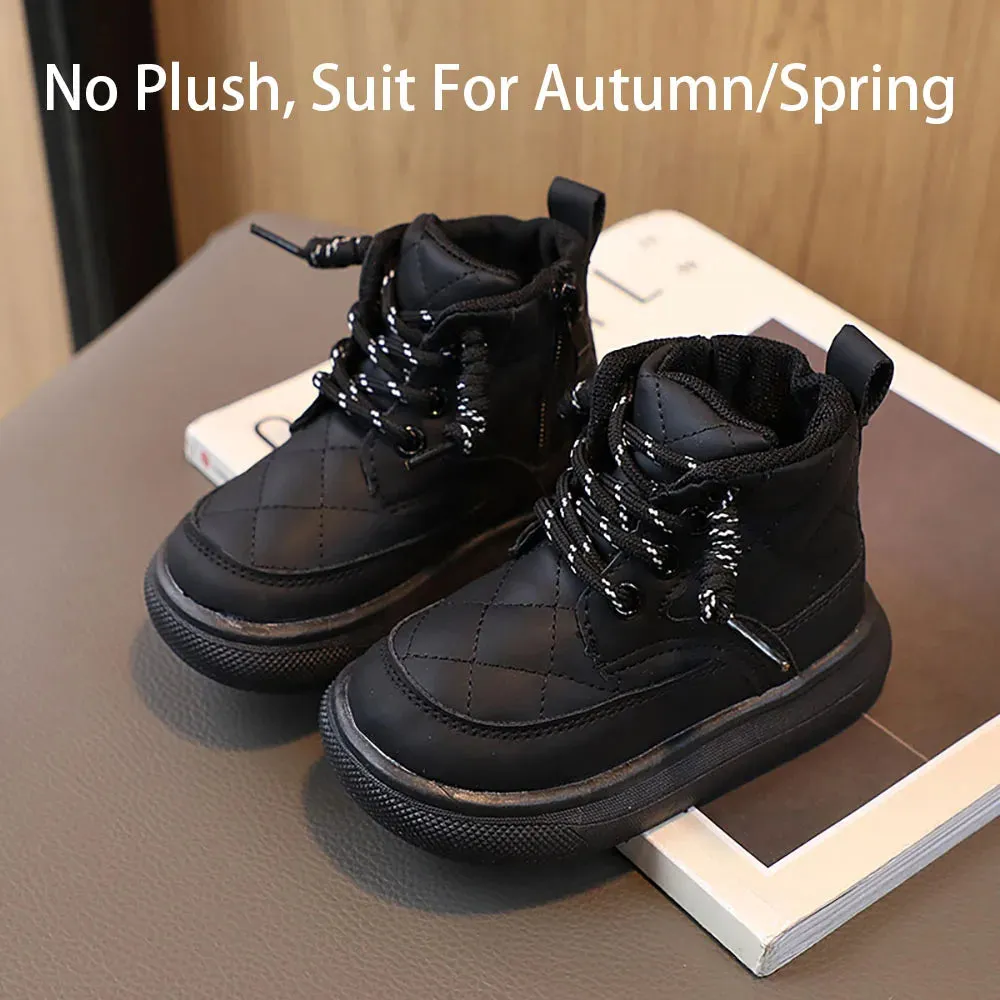 Martin Boots For Girls Plaid PU Leather Snow Boots Thick Warm Plush Casual Shoes For Kids