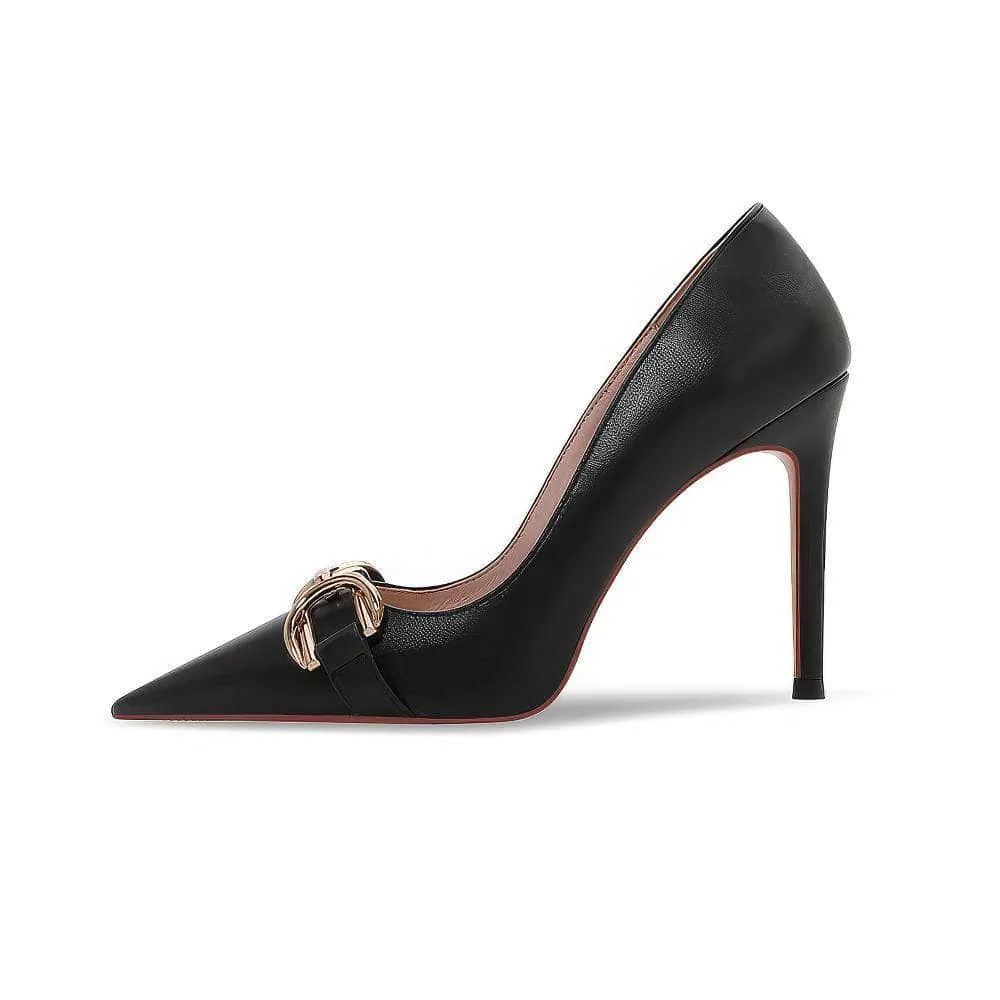 Metal Buckle Deco Pointy Toe Court Heels