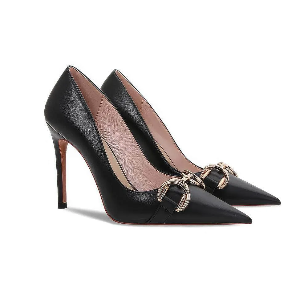 Metal Buckle Deco Pointy Toe Court Heels