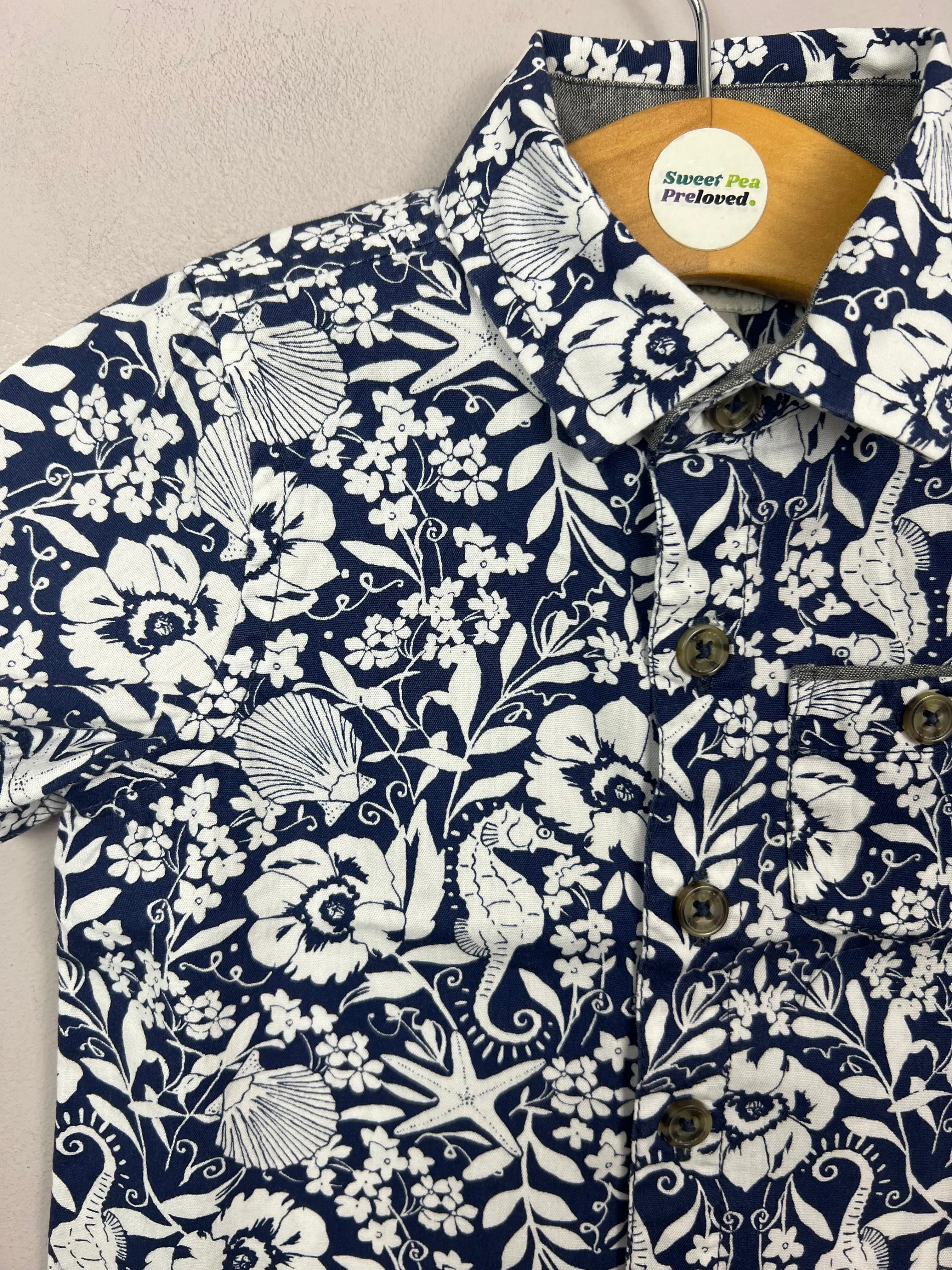 Monsoon Navy seashell floral shirt 6-12m