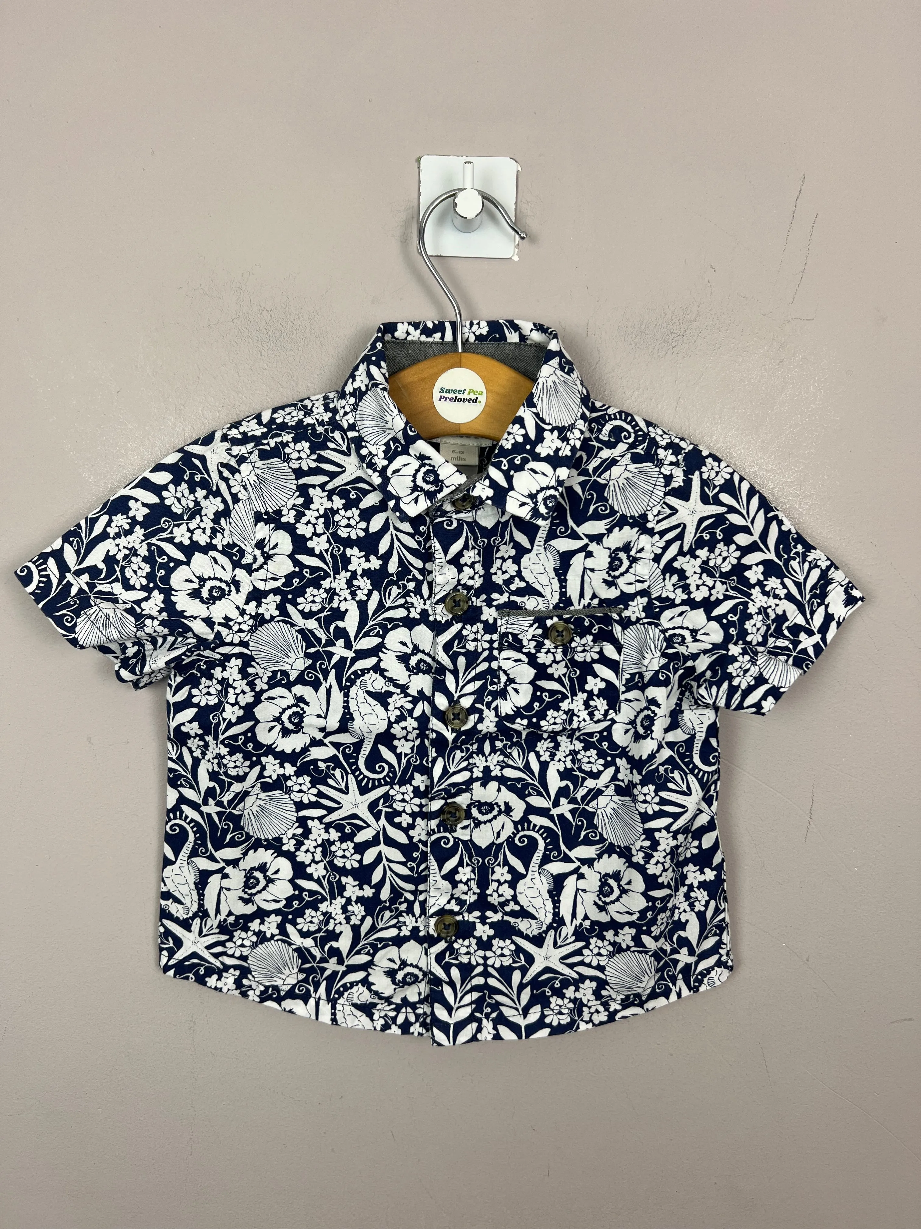 Monsoon Navy seashell floral shirt 6-12m