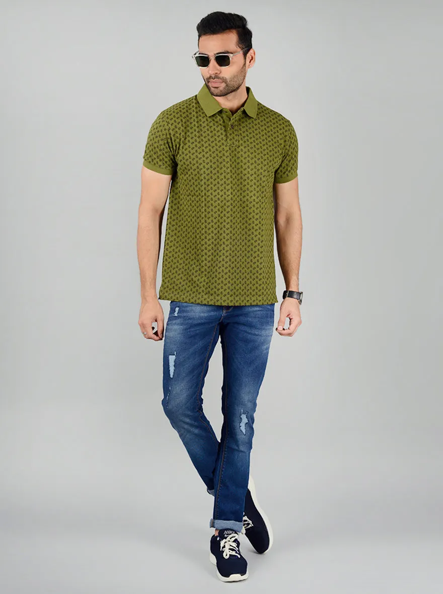 Olive Printed Slim Fit Polo T-Shirt | Greenfibre