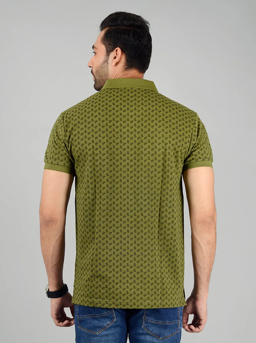 Olive Printed Slim Fit Polo T-Shirt | Greenfibre