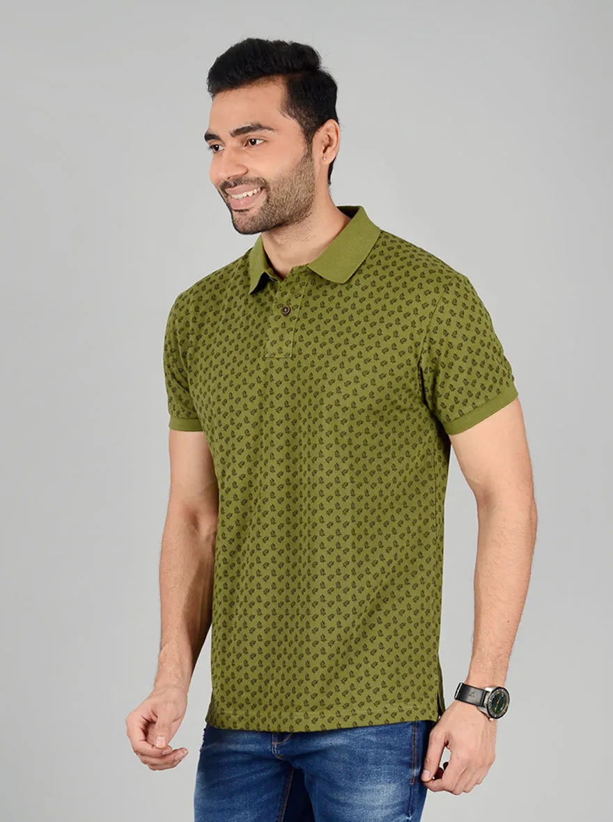 Olive Printed Slim Fit Polo T-Shirt | Greenfibre