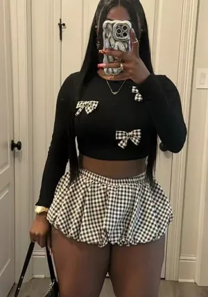 Playful Bow Detail Crop Top and Gingham Ruffle Skirt Two-Piece Set