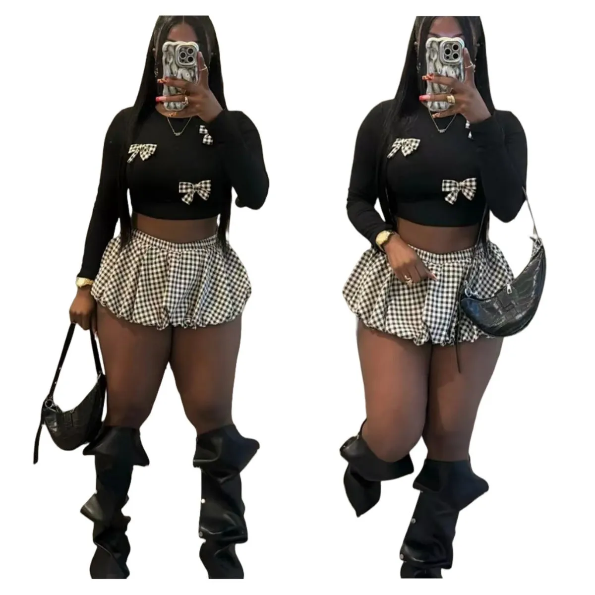 Playful Bow Detail Crop Top and Gingham Ruffle Skirt Two-Piece Set