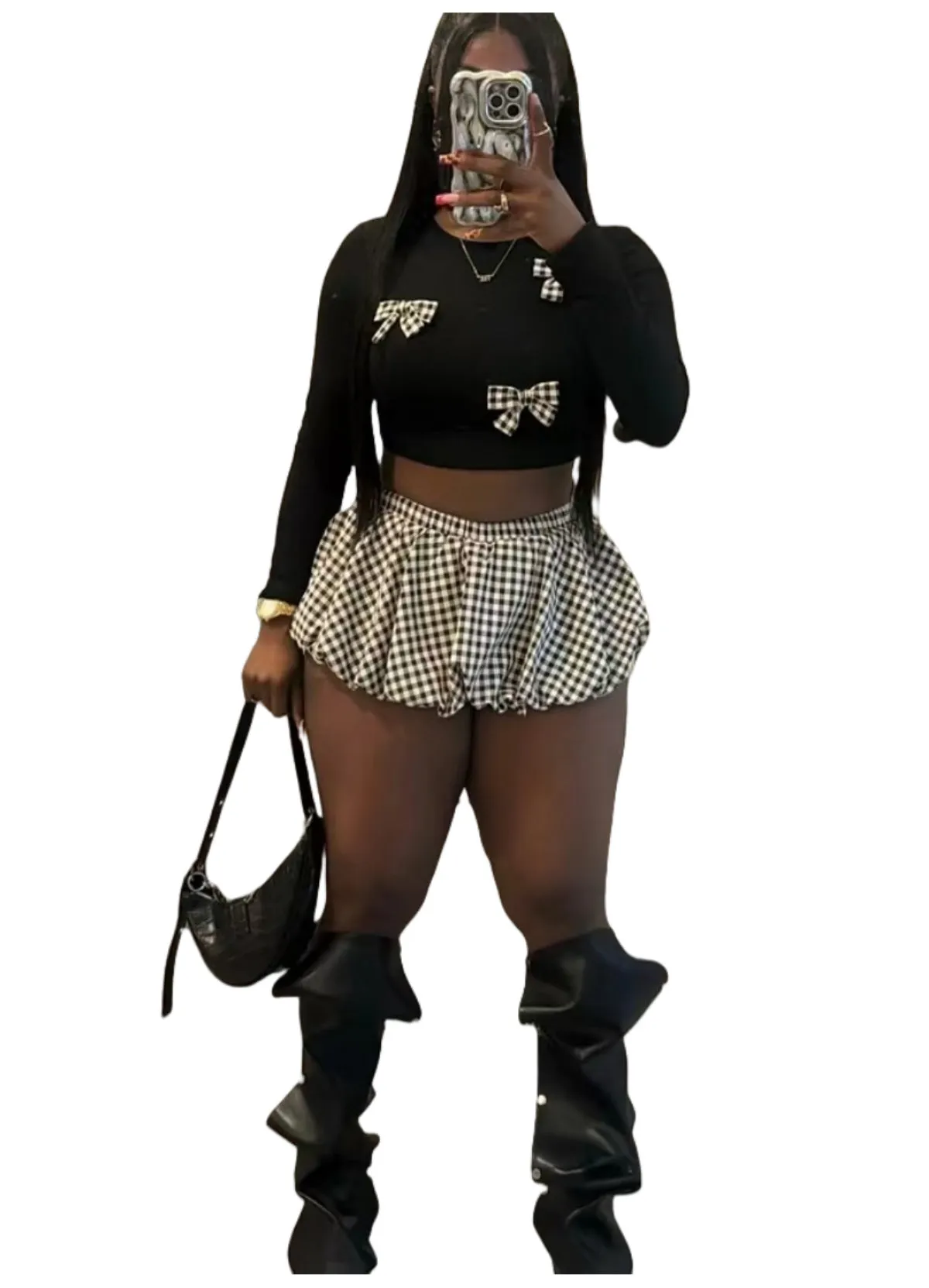 Playful Bow Detail Crop Top and Gingham Ruffle Skirt Two-Piece Set