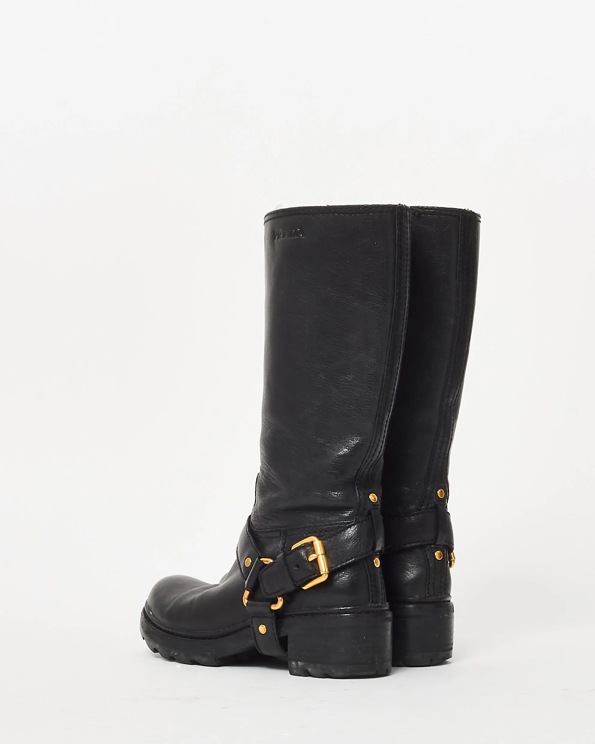Prada Black Leather Moto Gold Buckle Knee-High Boots - 35.5