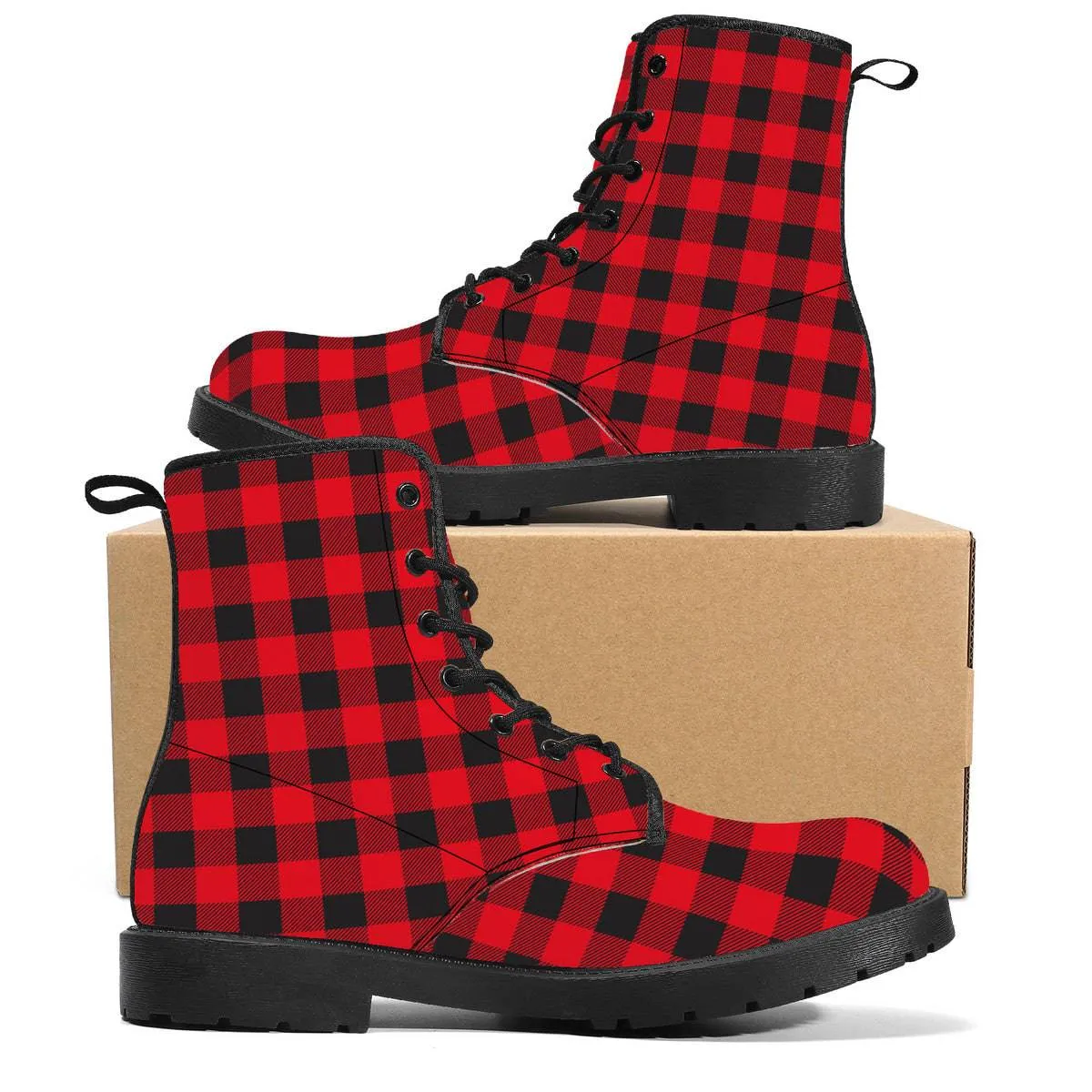 Red Plaid Vegan Leather Boots