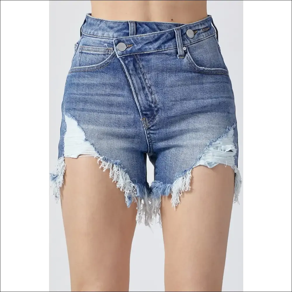 RISEN Raw Hem Asymmetrical Waist Denim Shorts