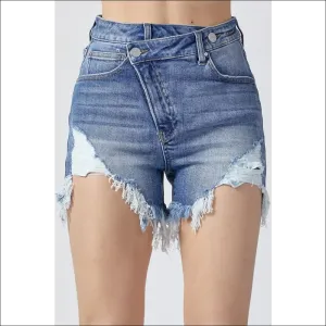RISEN Raw Hem Asymmetrical Waist Denim Shorts