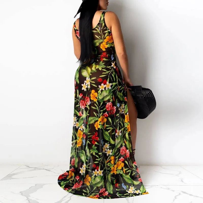Sexy Floral Print High Split Maxi Dress