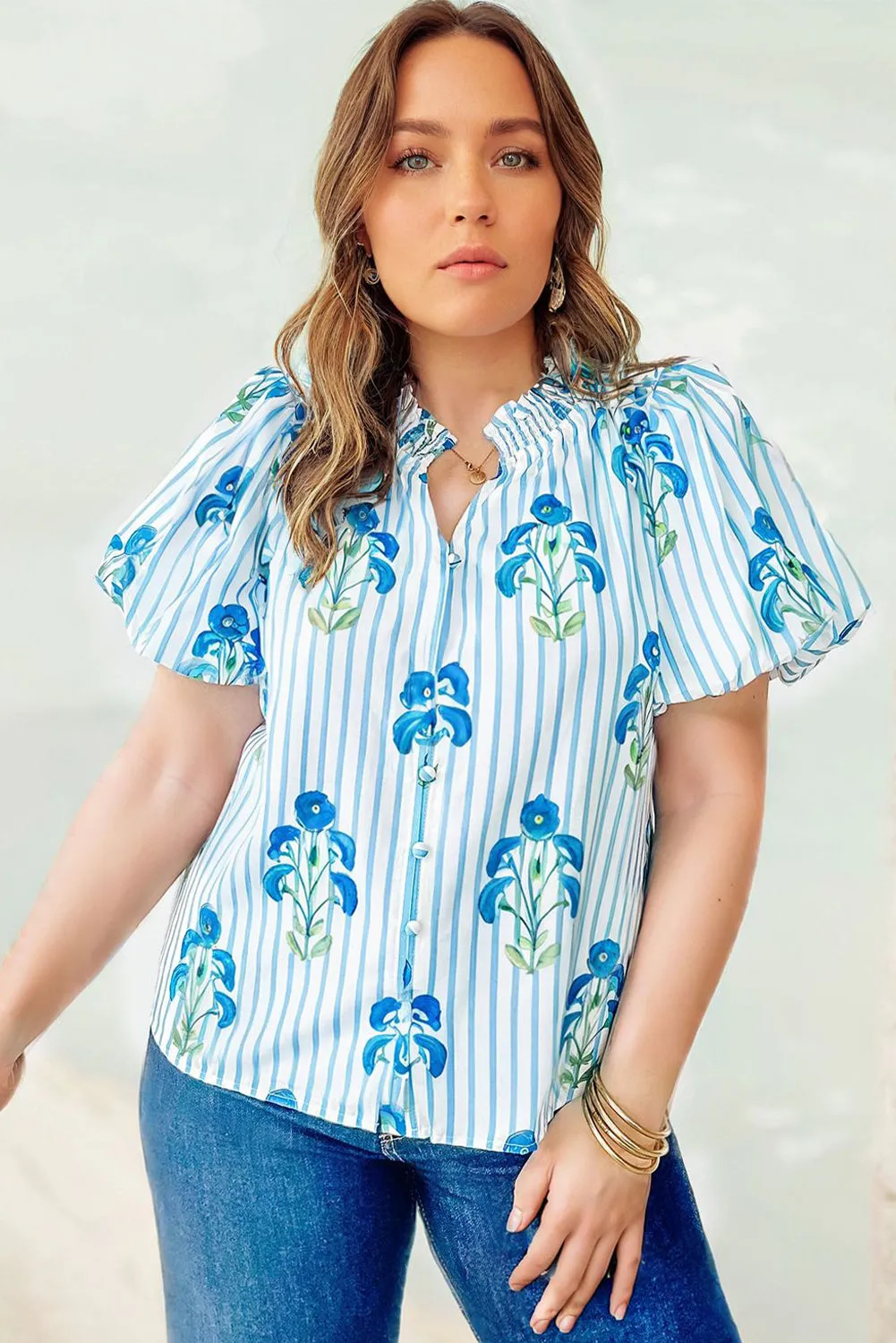Sky Blue Stripe Floral Print Puff Sleeve Plus Size Casual Shirt