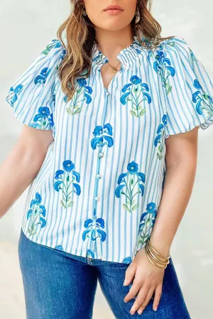 Sky Blue Stripe Floral Print Puff Sleeve Plus Size Casual Shirt