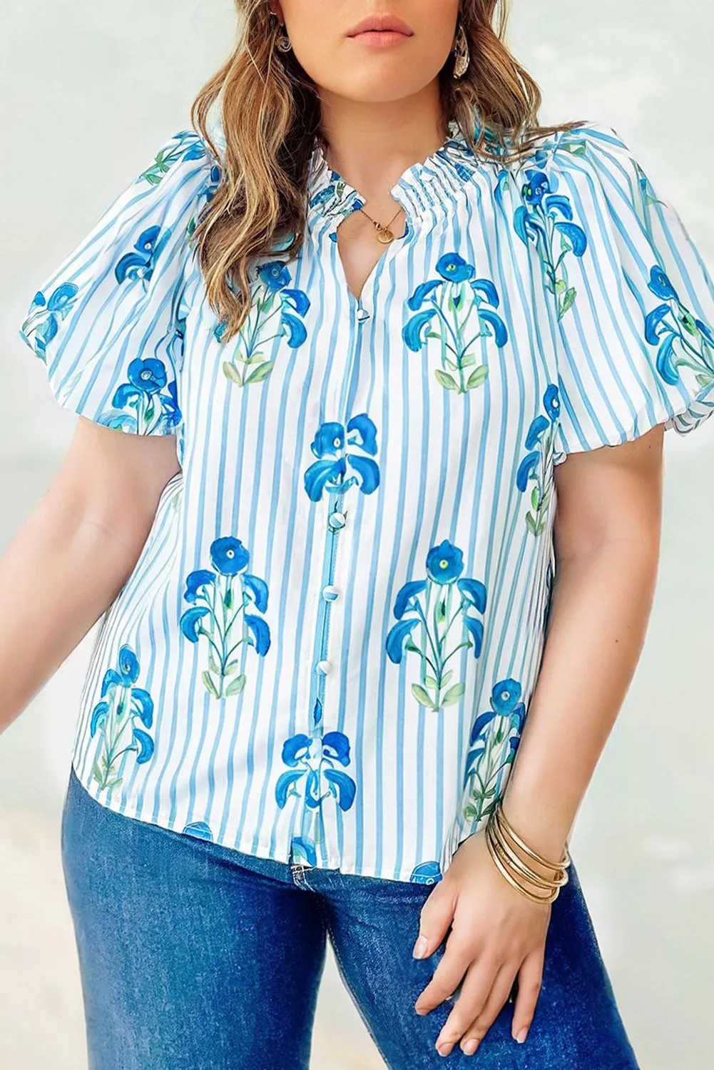Sky Blue Stripe Floral Print Puff Sleeve Plus Size Casual Shirt