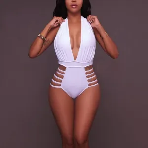 Solid Deep V-Neck Halter Cut Out One Piece Swimsuit
