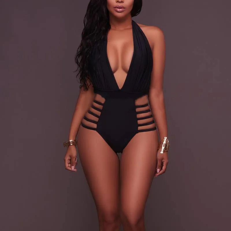 Solid Deep V-Neck Halter Cut Out One Piece Swimsuit