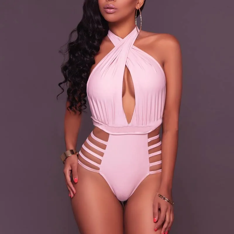 Solid Deep V-Neck Halter Cut Out One Piece Swimsuit
