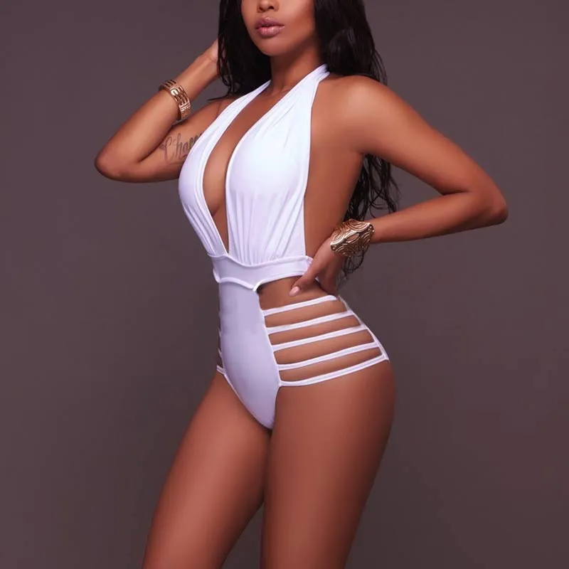Solid Deep V-Neck Halter Cut Out One Piece Swimsuit