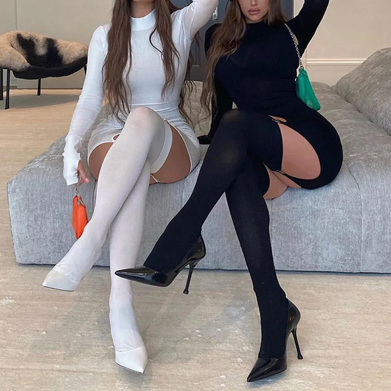 Solid Long Sleeve Bodycon Dress & Stocking Set