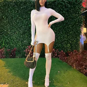 Solid Long Sleeve Bodycon Dress & Stocking Set