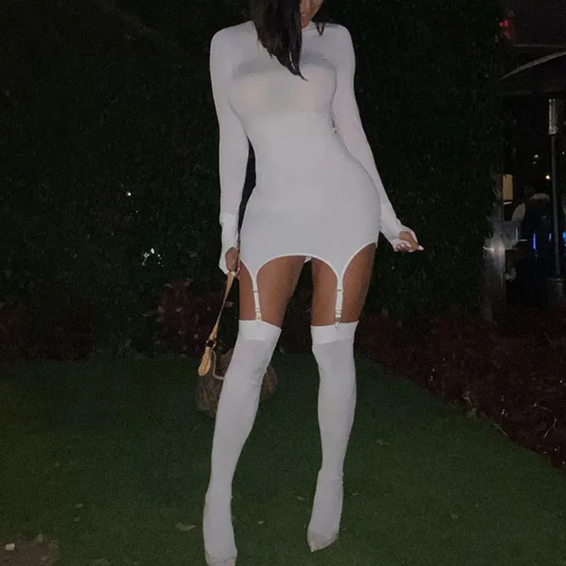 Solid Long Sleeve Bodycon Dress & Stocking Set