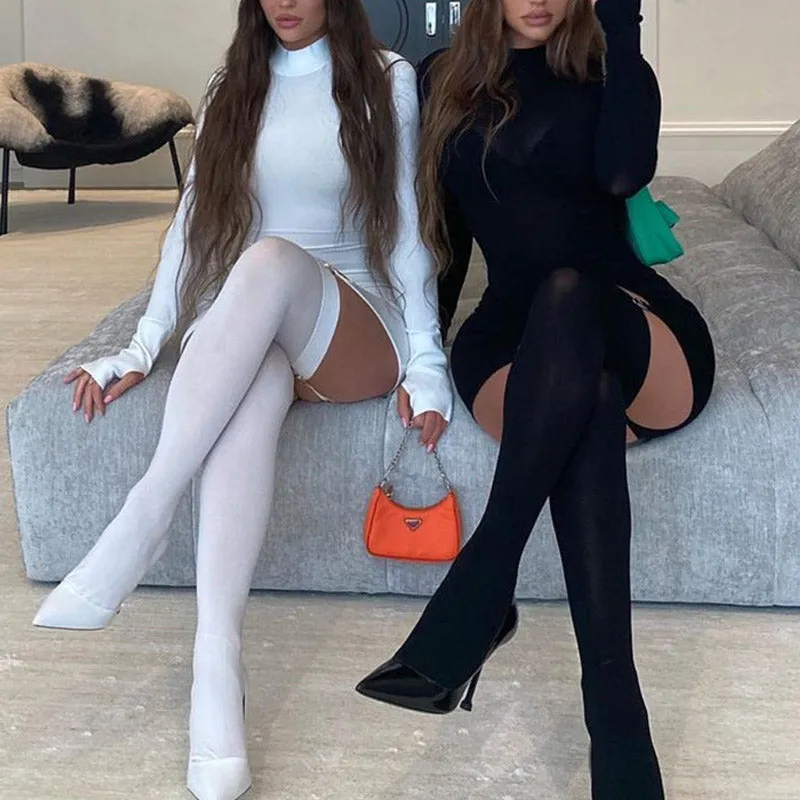 Solid Long Sleeve Bodycon Dress & Stocking Set