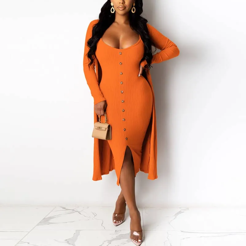 Solid Long Sleeve Button Detailed Dress & Cardigan Set