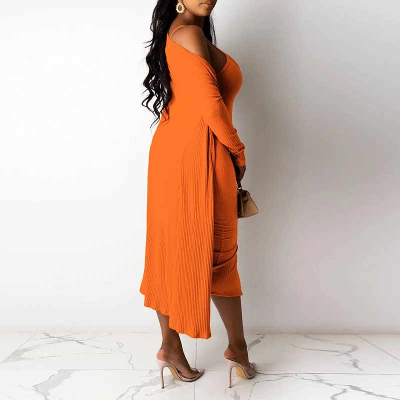 Solid Long Sleeve Button Detailed Dress & Cardigan Set